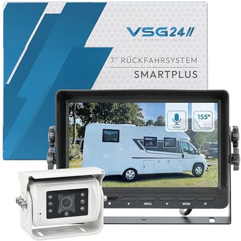 VSG24 7“ SMARTPLUS Premium Rückfahrkamera für Wohnmobile & Wohnwagen Kamera Set inkl. 20m Kabel, Bildschirm, Nachtsicht, 155° Winkel, 12-24 V, IP68 zum nachrüsten hinten Rückfahrhilfe KFZ