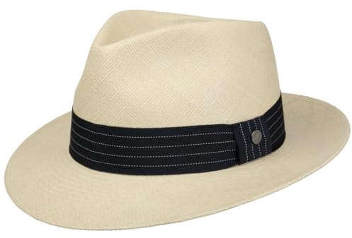 LIERYS Striped Ribbon Panamahut - Fedora-Stil - Urlaubshut - Traveller-Hut mit UV-Schutz - Handgeflochter Strohhut - Sommerhut aus Ecuador für Damen und Herren - Frühjahr/Sommer Natur M (57-58 cm)
