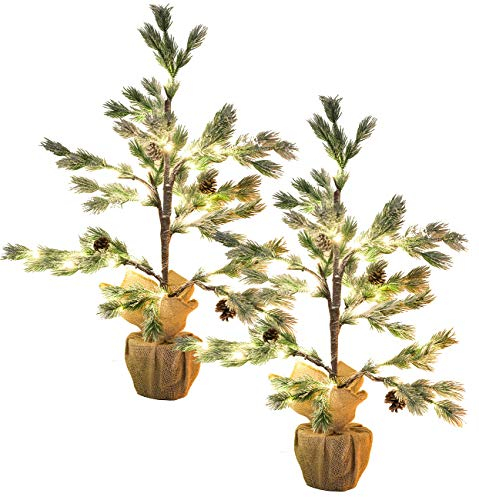 Britesta Weihnachtsbäume im Topf: 2er-Set Deko-Nadelbäumchen im Topf, 24 LEDs, Kunstschnee, Zapfen, 70cm (Deko-Tanne, Tisch Lichter-Baum, Weihnachtsbaumbeleuchtung kabellos)