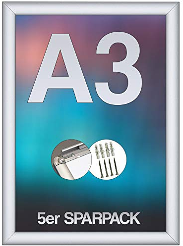 webwarenhaus 5x DIN A3 Plakatrahmen mit Ecken auf Gehrung | Silber eloxiert | inkl. APET Frontscheibe und Befestigungsmaterial | Alu Klapprahmen Posterrahmen | 5er Set