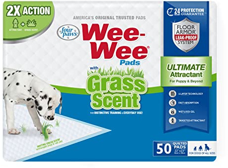 Four Paws Wee-Wee Ultimate Attractant Dog Pee Pads for Instinctive Training, Leak-Proof Floor Protection Dog & Puppy Quilted Potty Training Pads, Grass Scent, 22 x 23 (50 Count)