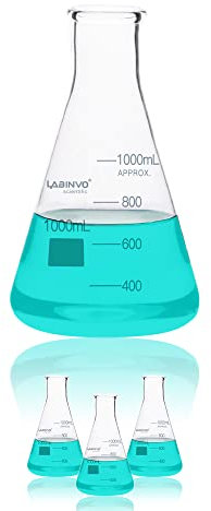 LABINVO 1000ML Glass Erlenmeyer Flask, Narrow Mouth Graduated Conical Flask with Marking Spot, 3pcs of 3.3 Borosilicate Glass Flask Set, IN-EFN1000
