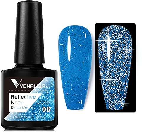 Venalisa Bright Blue Reflective Glitter Gel Polish - Sparkling Shiny Disco Gel, Long Lasting Soak Off, Dries Under UV LED Lamp - Summer Nail Art Salon