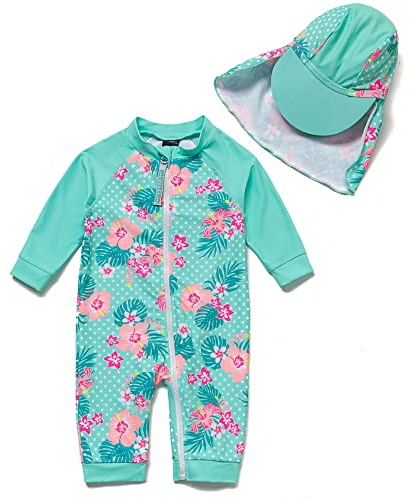 Mazuliso Baby Mädchen Badeanzug UV mit Durchgehendem Front Reißverschluss 3/4-Ärmel(GNBlume,92-98 cm)