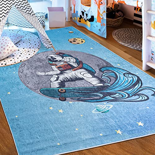Mazovia Kinderzimmerteppich Antirutsch - Waschbar bis 30 Grad - Planeten Weltraum - Kurzflor Kinderteppich Teppich für Kinderzimmer - ÖKO-TEX - Teppiche Junge Mädchen Blau 160 x 230 cm