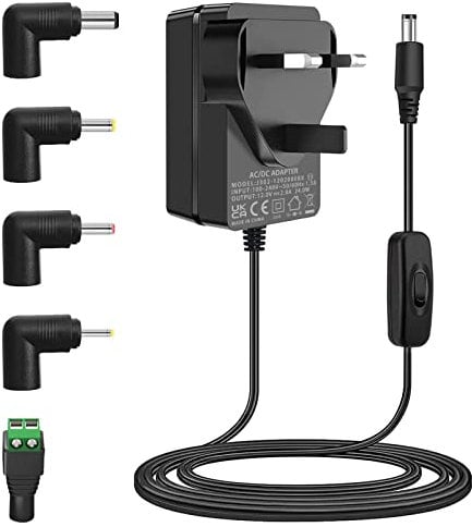12V 2A Power Supply UKCA, 100-240V AC to DC 12 Volts Power Adapter fit for DC IN 12Vdc 300mA 400mA 500mA 600mA 700mA 800mA 900mA 1000mA 1500mA 2000mA Equipment, with 5 Tips.