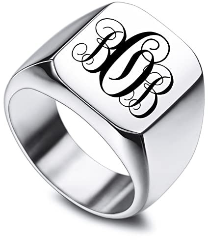 INBLUE Benutzerdefinierte gravierte Initiale Monogram Signet Ring für Männer Frauen Jungen Herren Ringe Edelstahl, Bündel mit Ringgrößeneinstellern (Silber, Größe 70)