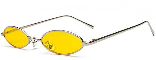 Ggpyyon Vintage Kleine Ovale Sonnenbrille für Frauen Männer Retro Hippie Gläser Brille Metallrahmen Trendy UV400 Schutz(Silber/Gelb)