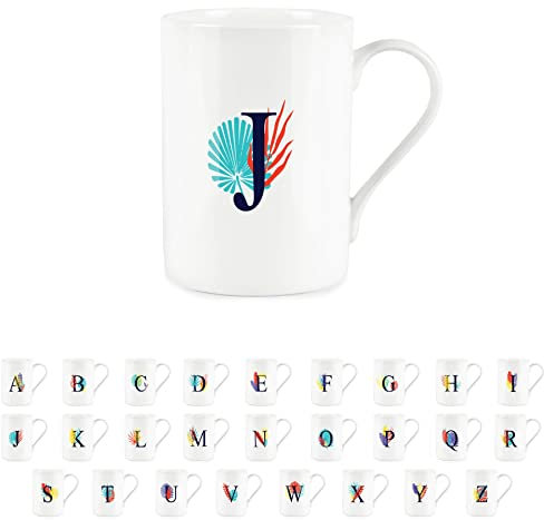 Purely Home Tropical Leaves Letter J Mug - Palm Leaf Botanical - Initials Personalised Bone China White Alphabet Mug Coffee/Tea Gift