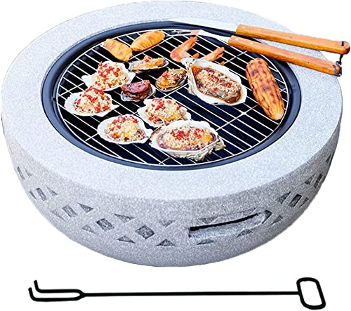 Brasero de jardín actualizado grande 3 en 1 para barbacoa de fiesta al aire libre con estante para parrilla, brasero de acero con borde de piedra artificial con parrilla, tapa de malla, parrilla