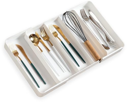 Sunallwell Cutlery Drawer Organiser, Large Expandable Utensil Tray Adjustable Cutlery Set Holder Kitchen Drawer Organiser for Knife, Forks, Spoons,White
