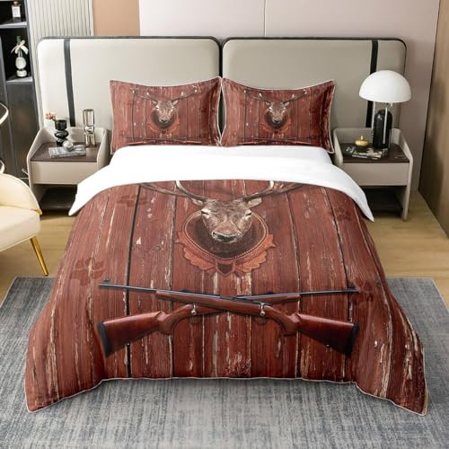 100% Baumwolle Hirsch Jagd 135x200 Bettwäsche Sets für Kinder Teens,Jäger Shotgun Bettbezug Western Tröster Cover Vintage Rust Red Lodge Cabin Rustikale Wald Wildlife Elch Rentier Bauernhaus Dekor