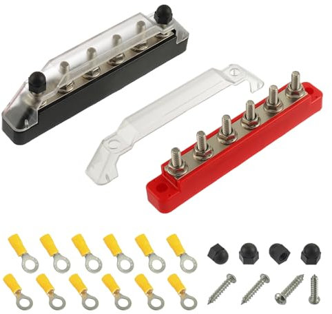 BOJACK 12V Bus Bar 6 x 1/4”(M6) Post, 12 Volt Battery Power Distribution Block with Cover with Mounting screws and Ring Terminals for Car Boat Marine Boat and Yachts(Black+Red)