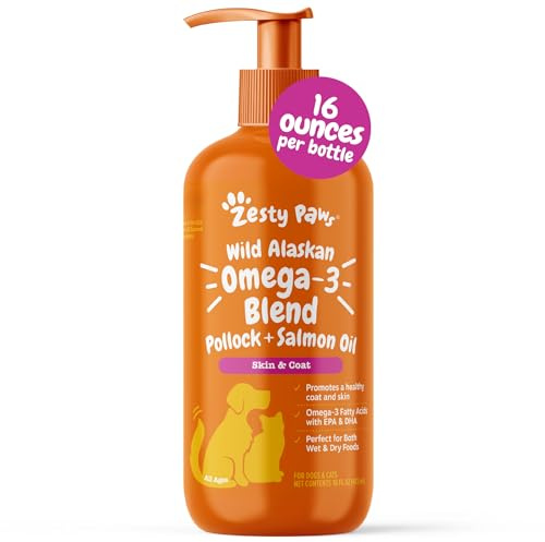 Zesty Paws Wild Alaskan Omega-3 Blend Pollock + Salmon Oil for Dogs and Cats- Skin and Coat Support, Omega 3 Supplement for Pets, 16oz