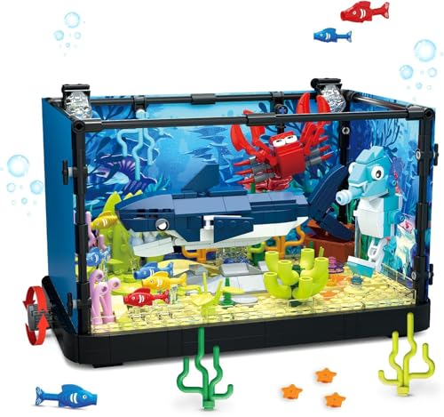 QLT QIAOLETONG Aquarium Hai Fish Tank Ideas Bauspielzeug mit LED Licht, Aquarium klemmbausteine deko bausteine Geschenk für Erwachsene und Jungen Mädchen ab 8-12 Jahren(648PCS)