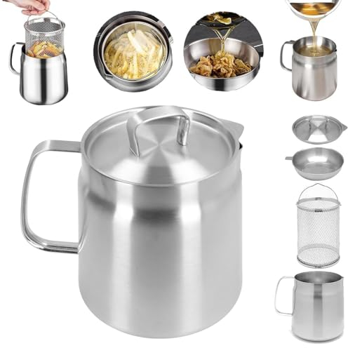 Stainless Steel Oil Filter Pot with Filter Basket and Mesh, Oil Storage Can Oil Strainer Pot with Strainer Cooking Oil Fat Separator for Filter Residue Grease Holder Filter Oil Container for Bacon