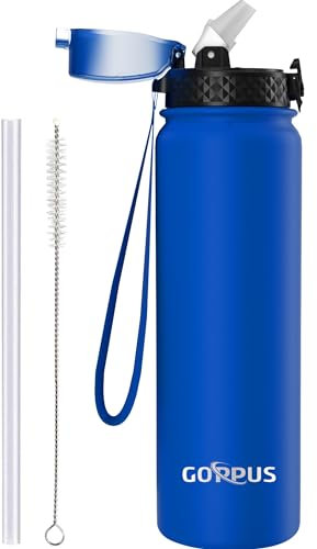 GOPPUS 1L/32oz Stainless Water Bottle with Straw Double Wall Insulated Bottles with Strap Reusable Vacuum Thermal Flask Leakproof Keep Cold Drinks Bottles with Flip Top Lid for Gym Men Women BPA Free