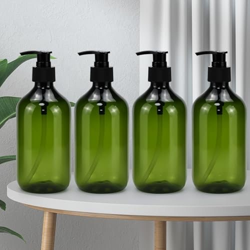 DOUSELLA 4 Stück 500ml Pumpspender Grün Kunstoff Seifenspender Leere Lotionspender Shampoo Flaschen zum befüllen Duschgelspender Plastik Shampoo Spender nachfüllbare Pumpflaschen für Lotionen Shampoo