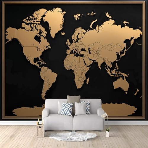 Papier Peint Intissé Photo Mural Carte du monde - Décoration Murale Toison pour Salon, Chambre à Coucher, Salle - Tableaux Tapisserie Photo - 300 x 210 cm Bordure noire