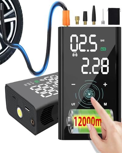 yanace 12000mAh Inflador Ruedas Coche- Velocidad 4X, 150PSI Mini Compresor Aire Portatil Bateria, Inflador Electrico Bicicleta para Válvula Schrader/Presta/Dunlop, 10Bar Hinchador Ruedas Moto/Bici/SUV
