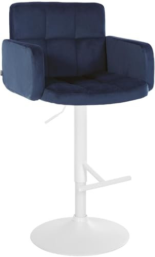 CLP Barhocker Los Angeles Samt | Höhenverstellbarer Barstuhl Mit Drehbarem Sitz | Bistrohocker Mit Metallgestell Und Fußstütze, Farbe:blau, Gestell Farbe:weiß