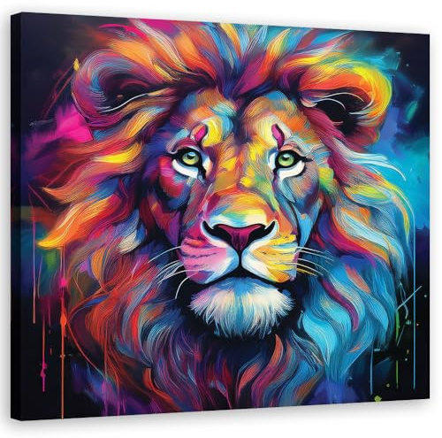 Feeby Leinwandbild - Bilder Wohnzimmer - Löwe Pop Art Bunt Abstrakt - 30x30 1tlg - Deko Schlafzimmer - Wanddekoration - Aesthetic - Groß Moderne Bild - Foto auf Leinwand