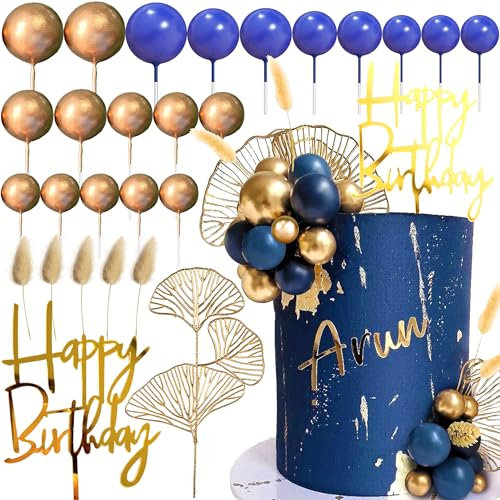 LaVenty Blue And Gold Cake Decorations Gold Birthday Cake Toppers Men for Birthday Wedding Baby Shower Party Decoration
