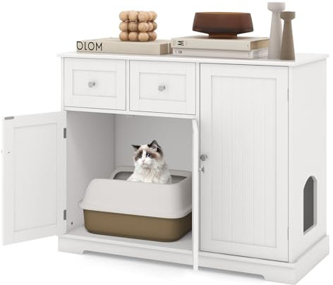 GYMAX Cat Litter Box Enclosure, Wooden Pet Cabinet Furniture with Hidden Cat Washroom and 2 Drawers, Cat House for Indoor Cats, as Cupboard Side Cabinet (100 x 45 x 80cm)