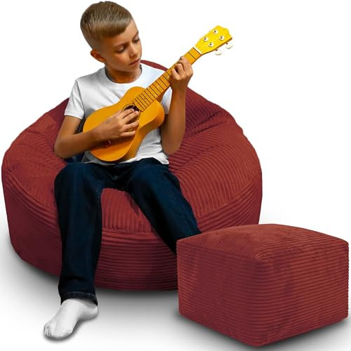 DreamRoots Sitzsack Erwachsene Cord oder Kinder - Bean Bag Sofa - Sitzsack Cord mit Hocker und Bezug - Sitzsäcke mit Füllung 70x70x70 cm Fired Brick
