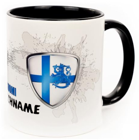 Finnland Tasse mit Name personalisiert Suomi Finland Wappen finnische Flagge Fahne Souvenirs Fanartikel Suomen cup lippu 2025 Deko Becher Geschenk Mann Frau Geburtstag Fussball Produkte Keramik 330 ml