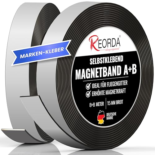 REORDA® Magnetband A B (EXTRA STARKER MARKEN-KLEBER) 8 Meter I Selbstklebender Magnetstreifen für Fliegengitter & Moskitonetze für beste gegenseitige Anziehung - Magnetband selbstklebend