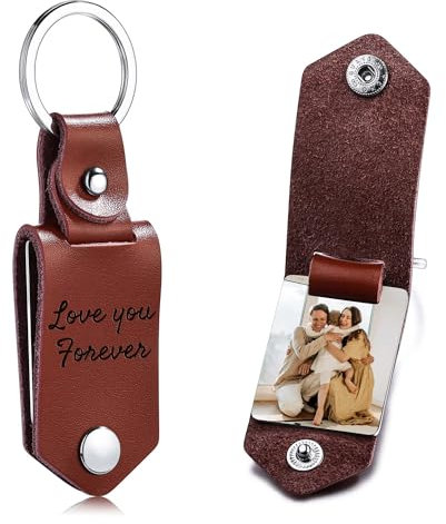 Kiddo Sky Porte-clés Photo Personnalisé Porte-clés en Cuir Personnalisés avec Texte Photo Cadeaux Personnalisés pour Papa (Brun)