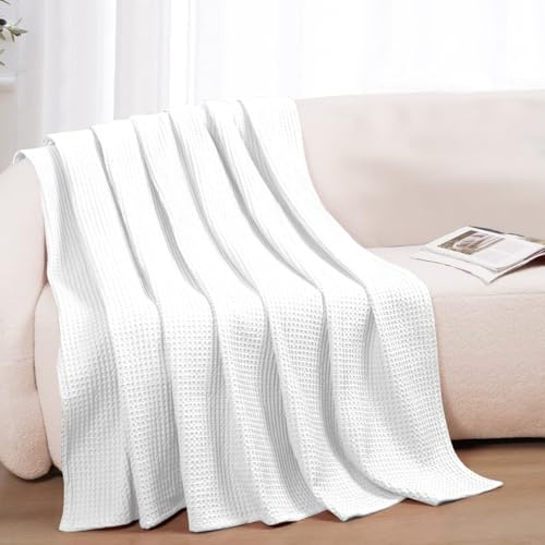 Decken für Bett aus 100 % Baumwolle, Waffelgewebe für den Sommer, leichte und atmungsaktive weiche gewebte Decke für den Frühling (weiß, Überwurf (127 x 152,4 cm)