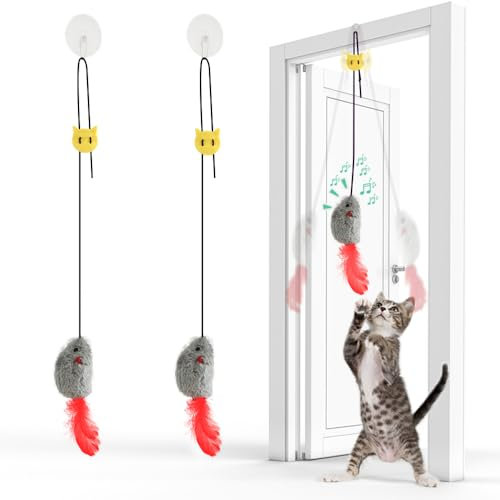 FYNIGO 2Pcs Jouet Chat Interactif Souris Suspendue avec Queue à Plumes - Souris Suspendue avec Bruit et Corde Élastique - sans Piles, Idéal pour Jeu Autonome