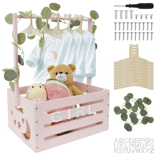 GWCYMYD Baby-Party-Kistenschrank, Holz-Babykorb mit 10 Aufhängern und grüner Girlande, Aufbewahrungskiste mit Griff, Holzkleiderständer für Neugeborene, Mädchen, Jungen, Schwangerschaft, neue Eltern