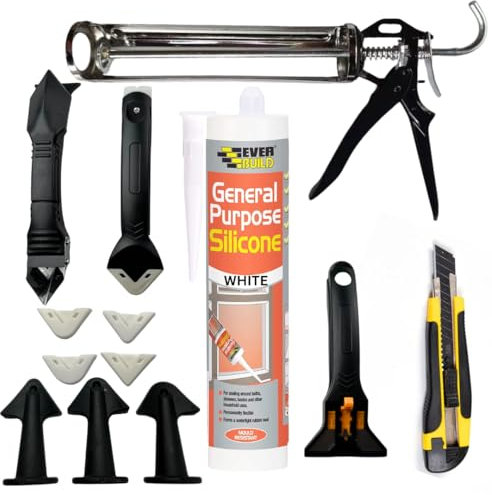 Tsekouri Set - Bundle With Sealant Gun, Silicone Tool Finishing 3 in 1 Kit Smoothing Set To Work With Everbuild General Purpose Waterproof White