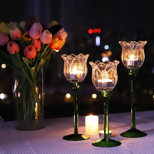 Varying Heights 3pcs Tulips Tealight Holders Glass for Wedding Decor | Clear Flower Tea Light Candle Holders for Parties Decor, House Tea Light Holders Glass for Mother's Day, Table Celebrations