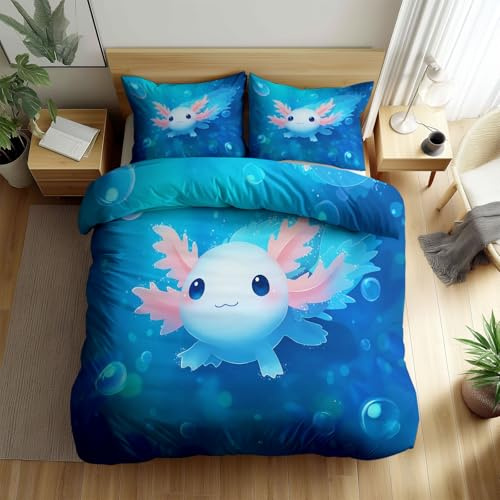 Salamander Bettwäsche 135x200 cm, 3teilig Bettbezug mit 2 Kissenbezug 80x80 | Cartoon Tier Anime Axolotl Bettwäsche-Sets für Mädchen Jungen, Blau Ozean Meereslebewesen Wendebettwäsche mit Reißverschluss