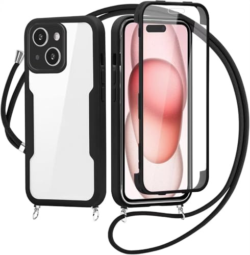 FERLAN Handykette für iPhone 15 Hülle mit Band,Transparent 360 Grad Rundumschutz Schutzhülle mit Integriertem Displayschutz Stoßfest Ultradünn Silikon Handyhülle für iPhone 15,Schwarz