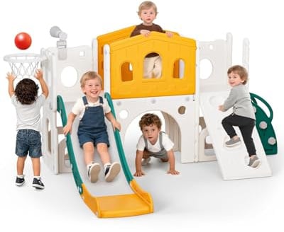 hoopyosms Große Rutsche für Kinder mit Leiter, Plattform, Kriechtunnel, Kletterrampe, Basketballkorb & Spielzeug-Teleskop, Indoor & Outdoor Spielset für Kleinkinder & Vorschulkinder(Grün)