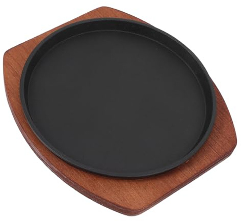 Gatuida Cast Iron Steak Plate Non-Stick Fajita Skillet with Base Thickened Round Grill Pan for Home and Restaurant Cooking Induction Stovetop Compatible Griddle for Sausages and Vegetables