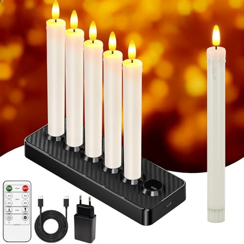 HL Aufladbare LED Stabkerzen mit Timerfunktion, Ladestation & Fernbedienung –3D-Docht Flackernde flammenlose Kerzen Warmes Licht für Weihnachtsdeko,Hochzeit,Zimmer Deko（Weiß, 6 Stück 25 x 2 cm）