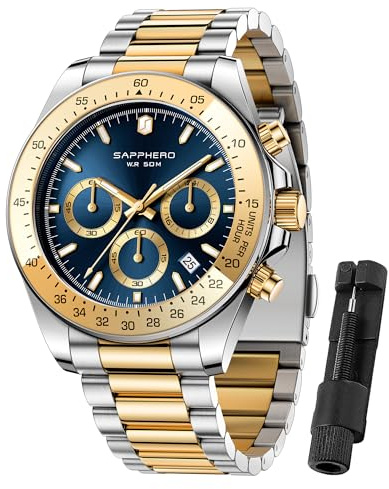 SAPPHERO Uhren Herren Chronograph Analog Quarz 50M Wasserdicht Armbanduhr Herren Mode Lässig Business Herrenuhren mit Kalender Edelstahlarmband Uhr Geschenk für Männer