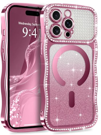 Lafunda Kompatibel mit iPhone 15 Pro Max Hülle Magnetisch Glitzer Rot-Rosa | Handyhülle Kompatibel mit MagSafe Wellen Rahmenform Pailletten Design Glänzend Glitzernd Stoßfest Schutzhülle für Mädchen