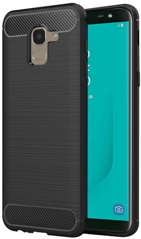 Techsuit für Samsung Galaxy J6 2018 Hülle mit Soft Touch, Stoßfest, Kameraschutz, Erhöhte Kanten, Luftkissen Ecken, Anti Fingerabdruck, Flexibel, Carbon Silicone Series, Schwarz
