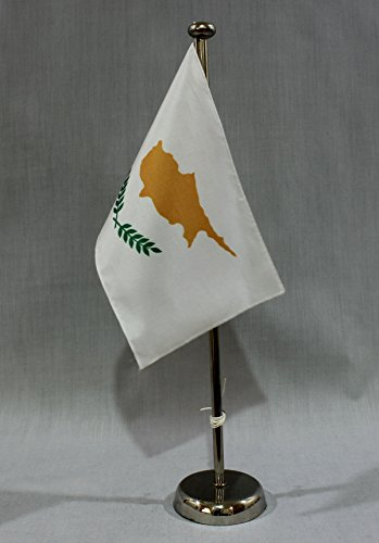 Buddel-Bini Zypern 15x25 cm Tischflagge (CH) mit 42 cm Chrom Tischflaggenständer, edle Ausführung Tisch Flagge Cyprus
