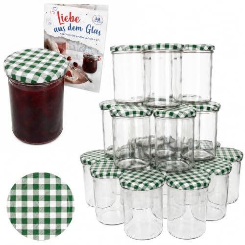 MamboCat 48er Set Marmeladenglas 435ml mit TO 82 Deckel grün kariert & Heft | Sturzgläser aus Glas, zum Einkochen, Konservieren & Fermentieren mit grün kariertem Deckel & Diamant-Zucker-Heft, Einmachglas