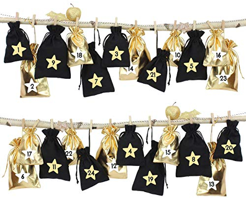 24 Adventskalender Stoffsäckchen zum Befüllen - schwarz gold - mit Bäkergarn und Klammern - Stoffbeutel zum selber Dekorieren - Geschenksäckchen von Papierdrachen