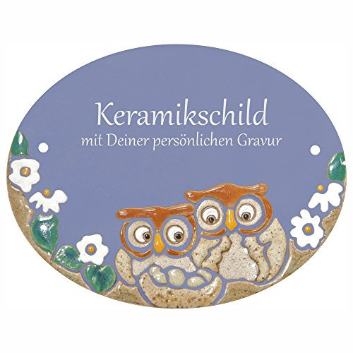 Handarbeit aus Schleswig-Holstein Keramikschild 16,0 x 12,5 cm Motiv Zwei Eulen mit Nest und Blüten (hellblau)