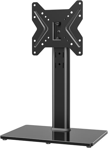 Universal Swivel TV Stand/Base Table Top TV Stand for 19 to 39 inch TVs with 90 Degree Swivel, 4 Level Height Adjustable, Heavy Duty Tempered Glass Base, Holds up to 99lbs, HT02B-001